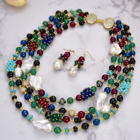 GG Jewelry 4 Strands White Keshi Pearl Agate Jade Turquoise Cz Necklace Earrings Set ► Photo 1/4