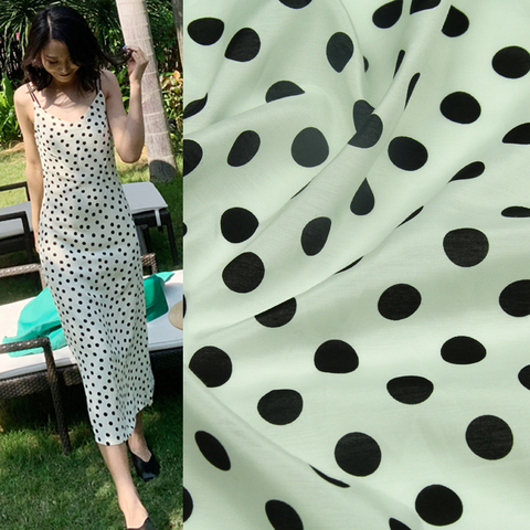 Black polka dot print on white bottom silk and cotton blended fabric,SCT574 ► Photo 1/6