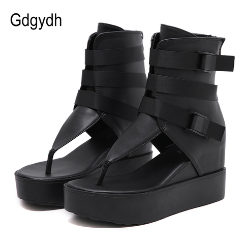 Gdgydh Platform Flip Flops Women Beach Sandals Ankle Strap Wedges Shoes For Summer Black Leather Vintage European American Zip ► Photo 1/6