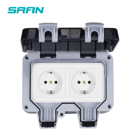 SRAN IP66 Weatherproof Waterproof Outdoor Black Wall Power Socket 16A 2 Gang EU Standard Electrical Outlet Grounded ► Photo 1/1