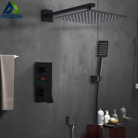 Matte Black Bathroom Shower Faucet Set Digital Display Rain Black Bath Shower System Waterfall Shower Bathtub Mixer Tap ► Photo 1/6