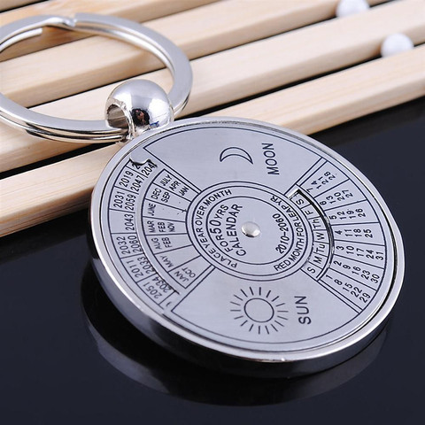 Mini Perpetual Calendar 2022 Keychain Unique Metal Keyring Sun Moon Carving 2010 to 2060 Clock Calendar Key Ring Creative Gifts ► Photo 1/4