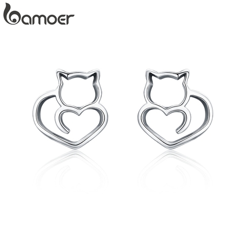 BAMOER Hot Sale Authentic 925 Sterling Silver Cute Cat Small Stud Earrings for Women Fashion Sterling Silver Jewelry SCE271 ► Photo 1/6