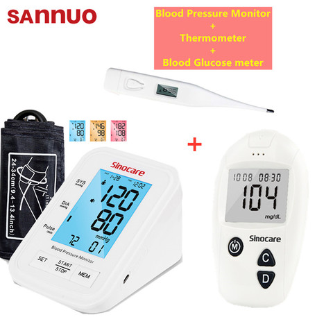 Sannuo Blood Pressure Monitor Safe-accu Blood Glucose Meter Thermometer Test Strips Diabeter Monitor 3 Color LCD Display ► Photo 1/6