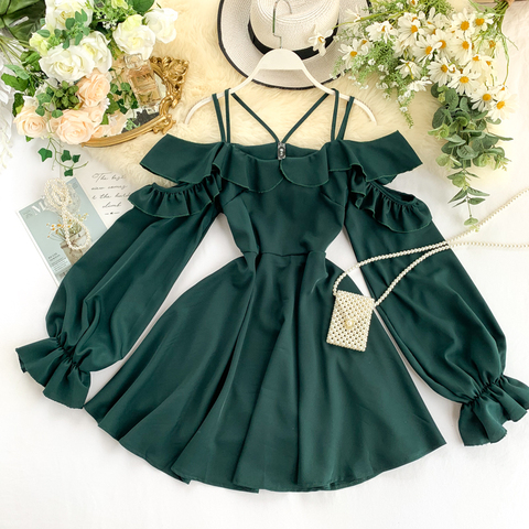 Women's Spring Autumn 2022 New Dress Hollow Shoulder Ruffled Puff Sleeve A-line Dress Women Empire Slash Neck Short Dress ML733 ► Photo 1/1