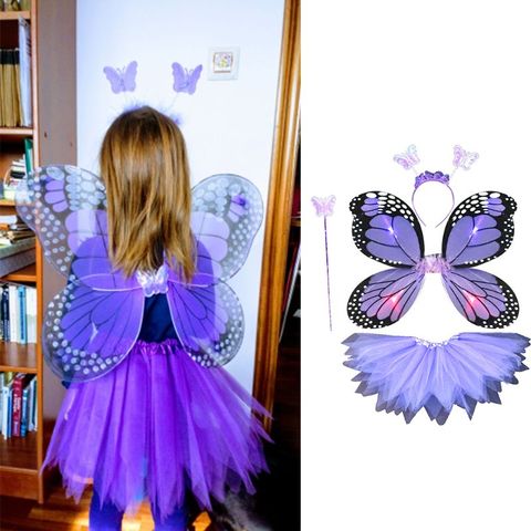 Adult Kids 4Pcs Fairy Costume Set LED Simulation Butterfly Wings Pointed Tutu Skirt Headband Wand Princess Girls Party Dress Up ► Photo 1/6