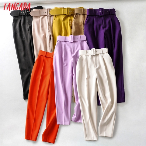 Tangada black suit pants woman high waist pants sashes pockets office ladies pants fashion middle aged pink yellow pants 6A22 ► Photo 1/5