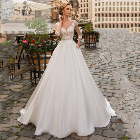 SoDigne 2022 July Wedding dress Long Sleeve Boho Bride Dresses For Women A Line Ivory Lace Appliques Satin Wedding Gown ► Photo 1/6