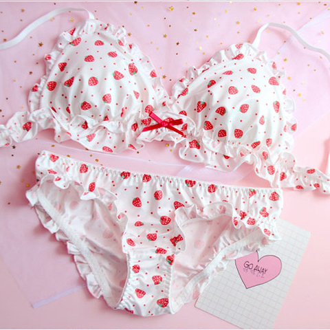 Strawberry / Print Japanese Milk Silk Bra & Panties Set Wirefree Soft Underwear Intimates Set Kawaii Lolita Bra and Panty Set ► Photo 1/6