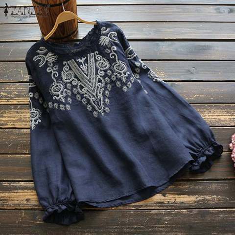 ZANZEA Women Vintage Cotton Linen Blouse Spring Long Sleeve Ruffles Tops Femininas Embroidery Shirt Robe Casual O Neck Blusas 7 ► Photo 1/6