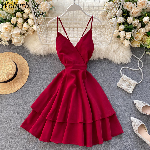 Woherb Summer 2022 Women Dress Chic Spaghetti Strap Vestidos Sweet V-Neck Sexy Backless Slim Waist Ruffle Beach Dresses Robe ► Photo 1/6