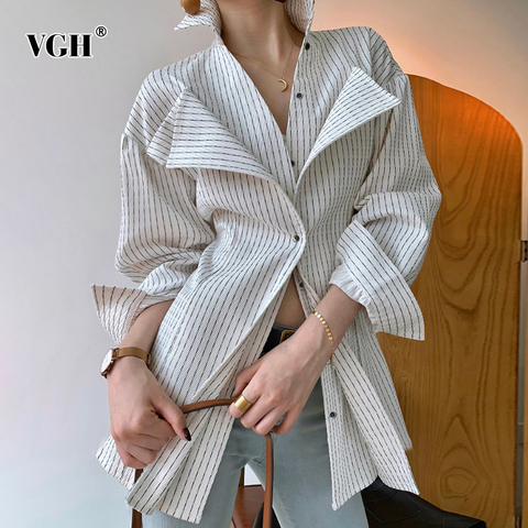 VGH Casual Striped Blouse For Women Lapel Long Sleeve Side Split Large Size Temperament Shirt Female Fashion New Clothing 2022 ► Photo 1/6