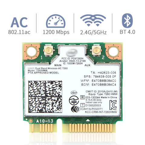 Dual Band Wireless Card For Intel 7260 7260HMW ac Mini PCI-E 2.4G/5Ghz Wlan Wifi Bluetooth 4.0 802.11ac/a/b/g/n With Antenna ► Photo 1/6