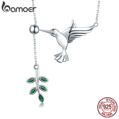 BAMOER Authentic 925 Sterling Silver Spring Bird & Tree Leaf Leaves Dangle Pendant Necklace for Women Silver Jewelry SCN217 ► Photo 1/6