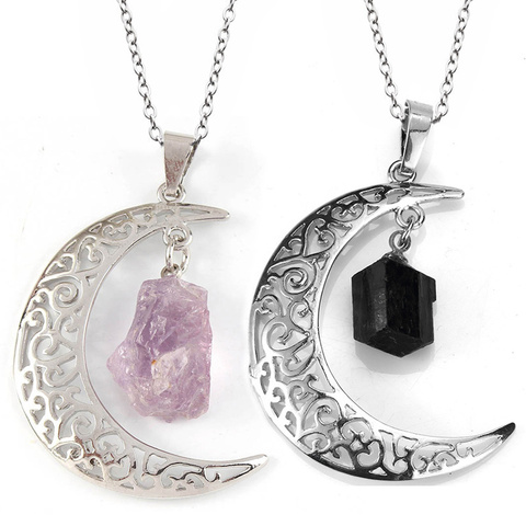 Vintage Natural Stone Crystal Crescent Moon Pendant Necklace Black Tourmaline Chain Necklaces Women Men Pink Jewelry 2022 ► Photo 1/6