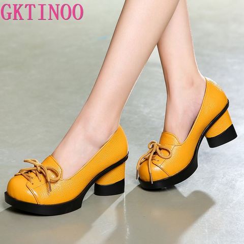 GKTINOO Spring Women Pumps Retro Lady 6CM High Heels Slip On Platform Pumps Handmade Women Genuine Leather Shoes ► Photo 1/6