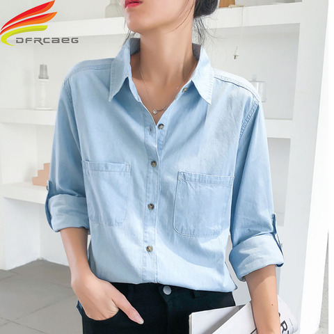 Long Denim Shirt Women 2022 New Arrival Blue Or Sky Blue Jean Shirt Women Loose Pockets Long Sleeve Denim Shirts Ladies Hot Sale ► Photo 1/6