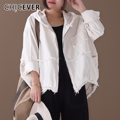 CHICEVER Korean Denim Jacket Female Hooded Long Sleeve Pockets Asymmetric Frayed Coat Women 2022 Casual Fashion Clothes Tide ► Photo 1/6