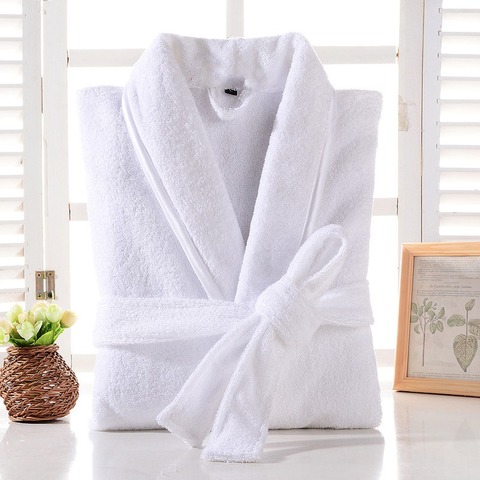 Terry Robe Men 100% Cotton Bathrobe Lovers Brown Robes Men Bathrobe Solid Towel Fleece Long Robe Sleepwear Bridesmaid Robe White ► Photo 1/6