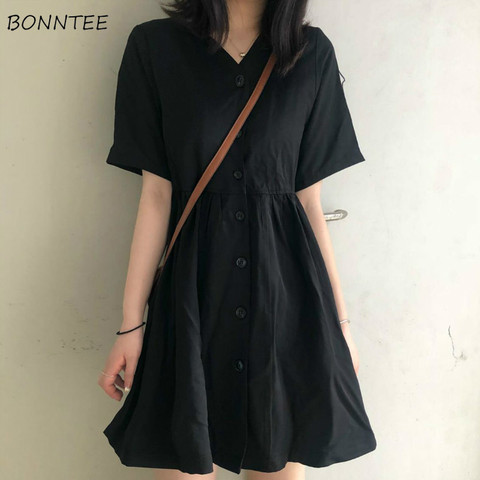 Dress Women A-line Pleated Black Dresses Preppy Style Harajuku V-neck Girls Summer Loose Hot Selling Simple Basic All-match Chic ► Photo 1/6