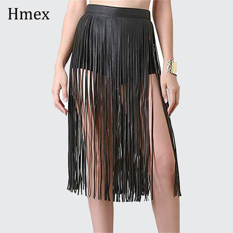 Boho Women Sexy Tassel Leather Skirts Punk Gothic Waistband Long Fringe Black High Waist Belt Club Party Skirt ► Photo 1/6