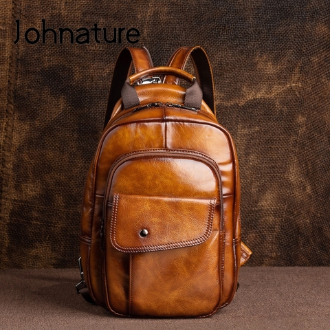 Johnature 2022 New Retro Men Mini Backpack Genuine Leather Multifunctional Bag First Layer Cowhide Handmade Male Chest Bags ► Photo 1/6