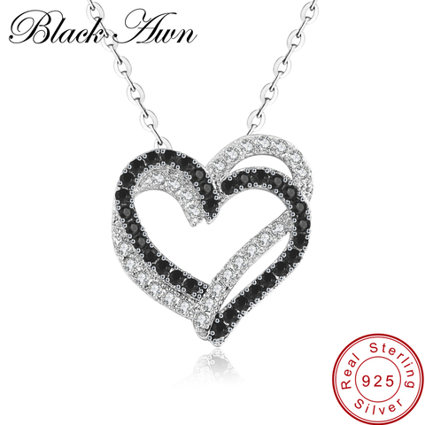 [BLACK AWN] Fine Genuine 100% 925 Sterling Silver Necklace Women Jewelry Heart Black&White Stone Pendants P107 ► Photo 1/6