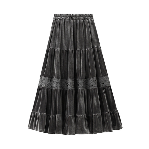 Retro Lace and Velvet Women Skirt Sweet Layered Skirt Midi Long Pleated Skirt Vintage Tiered A Line Skirt ► Photo 1/6