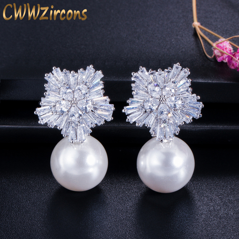 CWWZircons 2022 New Arrival Snow Flower Design Women Big Drop White Pearl Earrings with Cubic Zirconia Christmas Gift  CZ069 ► Photo 1/6