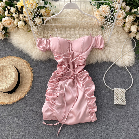 YuooMuoo Ins Fashion Sexy Mini Bandage Dress Women 2022 Summer Slim Ruched Club Dress Sheath Off Shoulder Pink White Dress ► Photo 1/6