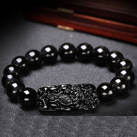 Obsidian Pixiu Bracelet Buddhist Prayer Blessing Bangle Natural Stone Beads Wristband Feng Shui  Health Wealth Protection ► Photo 1/5