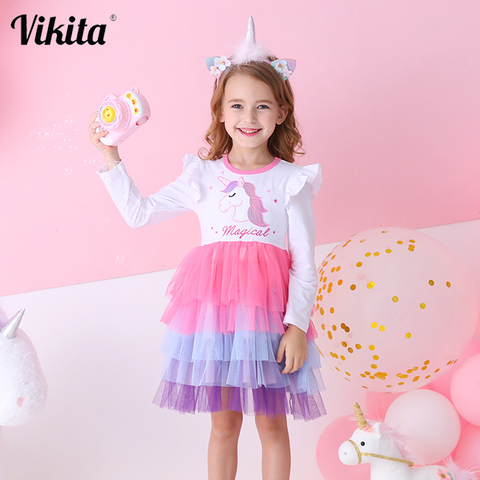 VIKITA New Girls Autumn Dress Kids Lace Tulle Cake Princess Dress Girl Casual School Party Unicorn Clothes Kids Dresses for Girl ► Photo 1/6