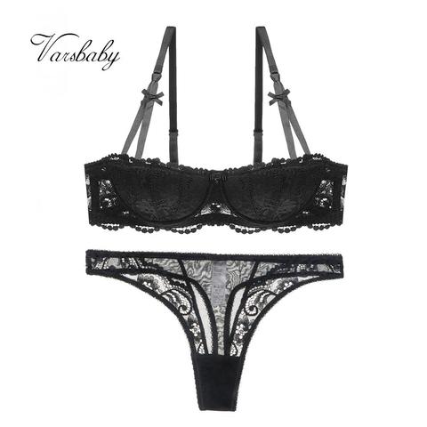 Varsbaby Sexy Lace Floral Half Cup  Thin Underwear Gather Women Bra+Thong 2Pcs Lingerie Sets ► Photo 1/6