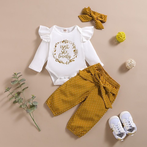 Baby Girl Clothes Newborn Infant Autumn 3Pcs Set Cotton Romper Dot Pants Headband fall Outfits Clothes Baby Girls Clothing Suit ► Photo 1/6