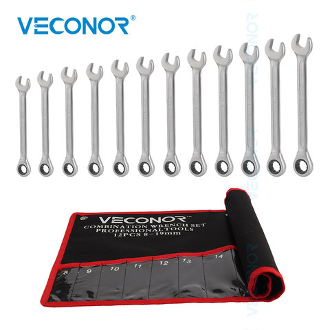 12Pcs Ratchet Key Wrench Tool Set  8-19mm Spanner Wrenches Dull Polished 72T with Storage Pouch Car Repair Tool Ratchet Set ► Photo 1/6