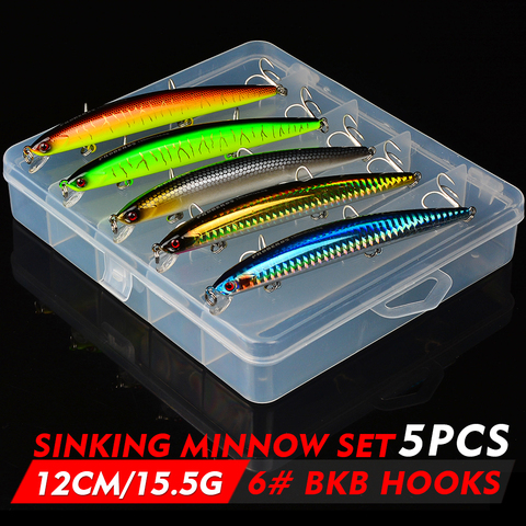 5pcs Mixed Color Fishing Lure Set Sinking Minnow Bassbait Kits 15.5g/12.5cm Artificial Hard Bait Wobbler with Fishing Tackle Box ► Photo 1/6