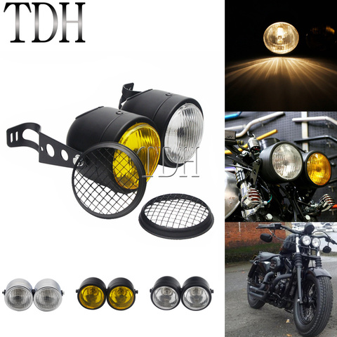 Motorcycle Retro Headlight Mesh Grill Twin Dual Cafe Racer Front Head Light Lamp Bracket Mask Kits For Harley Dirt Bikes ► Photo 1/6