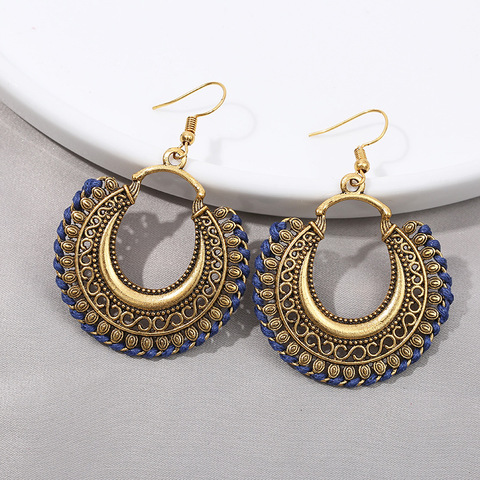 Ethnic Gold Alloy Dangle Earrings For Women Handmade Gypsy Vintage Blue Line Moon Carved Earrings Indian Earrings ► Photo 1/6