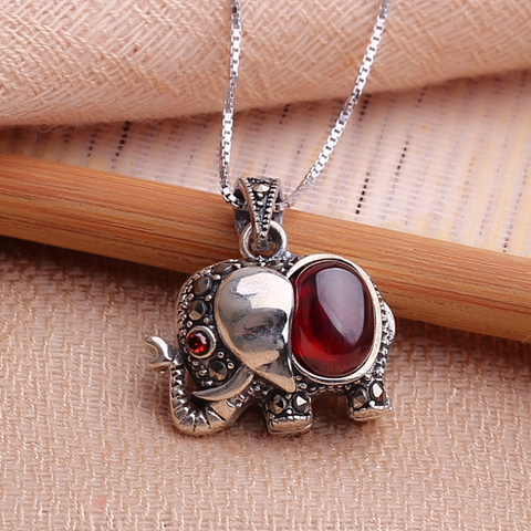 Antique Style Sterling 925 Silver Elephant Garnet Pendant  With Box Chain Silver Crystal Vintage Necklaces & Pendants Jewelry ► Photo 1/4