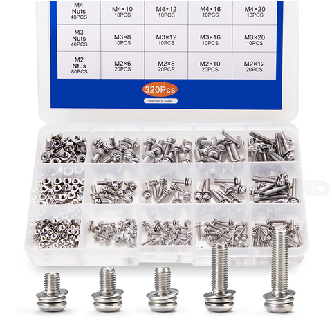 320pcs M2 M3 M4 Screws Phillips Pan Head Screws Bolt and Nut Flat Washers Machine Screws Set Stainless Steel Screws ► Photo 1/5