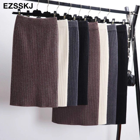 60-80CM Elastic Band Women Skirts Autumn Winter Warm Knitted Straight Skirt Ribbed Ribbed Mid-Long Skirt Black ► Photo 1/6