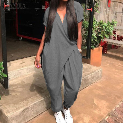 2022 ZANZEA Casual Harem Pants Women's Jumpsuits Fashion V Neck Button Playsuits Female Short Sleeve Romepers Plus Size Overalls ► Photo 1/6