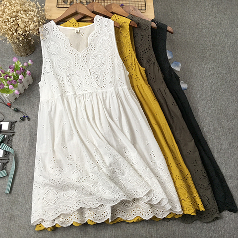 2022 New Summer Cotton A-Line Dress Mori Girl Loose Lace Hollow Out Embroidery Literary V-Neck Sleeveless Dress Women ► Photo 1/6