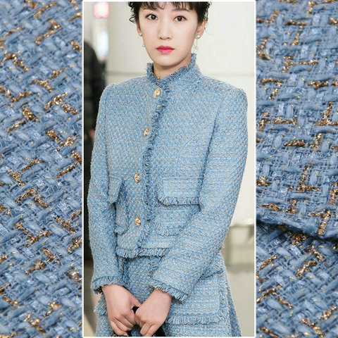 Blue Color Gold Strip Thick Wool Tweed Fabric 50x150cm Yarn Dyed Braided Tweed Fabric For Women Overcoat Warm Tweed Coat Fabric ► Photo 1/5