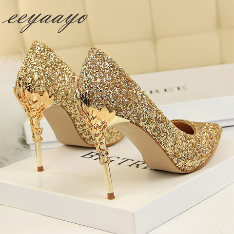 2022 New Spring Women Pumps High Thin Heels Pointed Toe Metal Decoration Sexy Bling Bridal Wedding Women Shoes Gold High Heels ► Photo 1/6