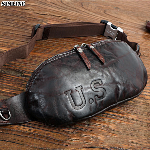 SIMLINE Genuine Leather Waist Bag For Men Male Cowhide Vintage Casual Small Shoulder Crossbody Bags Travel Chest Bag Pack Pouch ► Photo 1/6