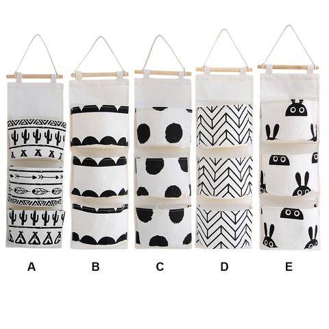 Black White Pattern Cotton Linen Hanging Storage Bag 3 Pockets Wall Mounted Wardrobe Hang Bag Wall Pouch Cosmetic Toys Organizer ► Photo 1/6