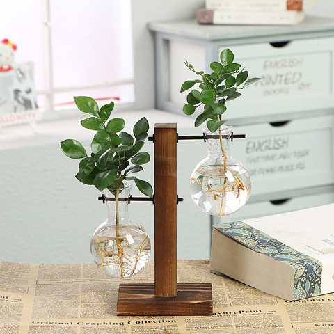 Terrarium Hydroponic Plant Vases Vintage Flower Pot Transparent Vase Wooden Frame Glass Tabletop Plants Home Bonsai Decor ► Photo 1/4