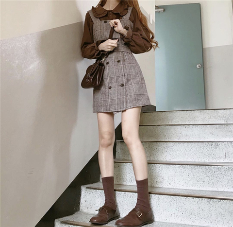 Girl Plaid blouse Vintage Dress suits Women Dresses Female Sundress suit braces Robe Femme Vestido separately 2 piece set women ► Photo 1/6