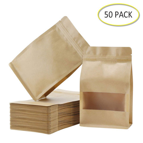 50PCS Stand Up Bags,Kraft Zip Lock Matte Window Reusable Sealing All-Purpose Food Storage Pouches Reclosable For Nuts Beans Tea ► Photo 1/6